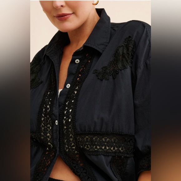 Tricia Fix for re_nuuly upcycled Black Lace Trim Button-Up Shirt sz M - Picture 4 of 12
